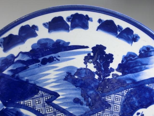 大皿■ベロ藍(江戸後期~明治期)古い染付 鶴 花蝶紋 花唐草 直し有り 時代物