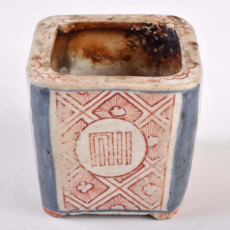 九谷焼　古九谷　1650年代　赤絵　花草文　四方香炉　鑑定書箱書　M　R8915