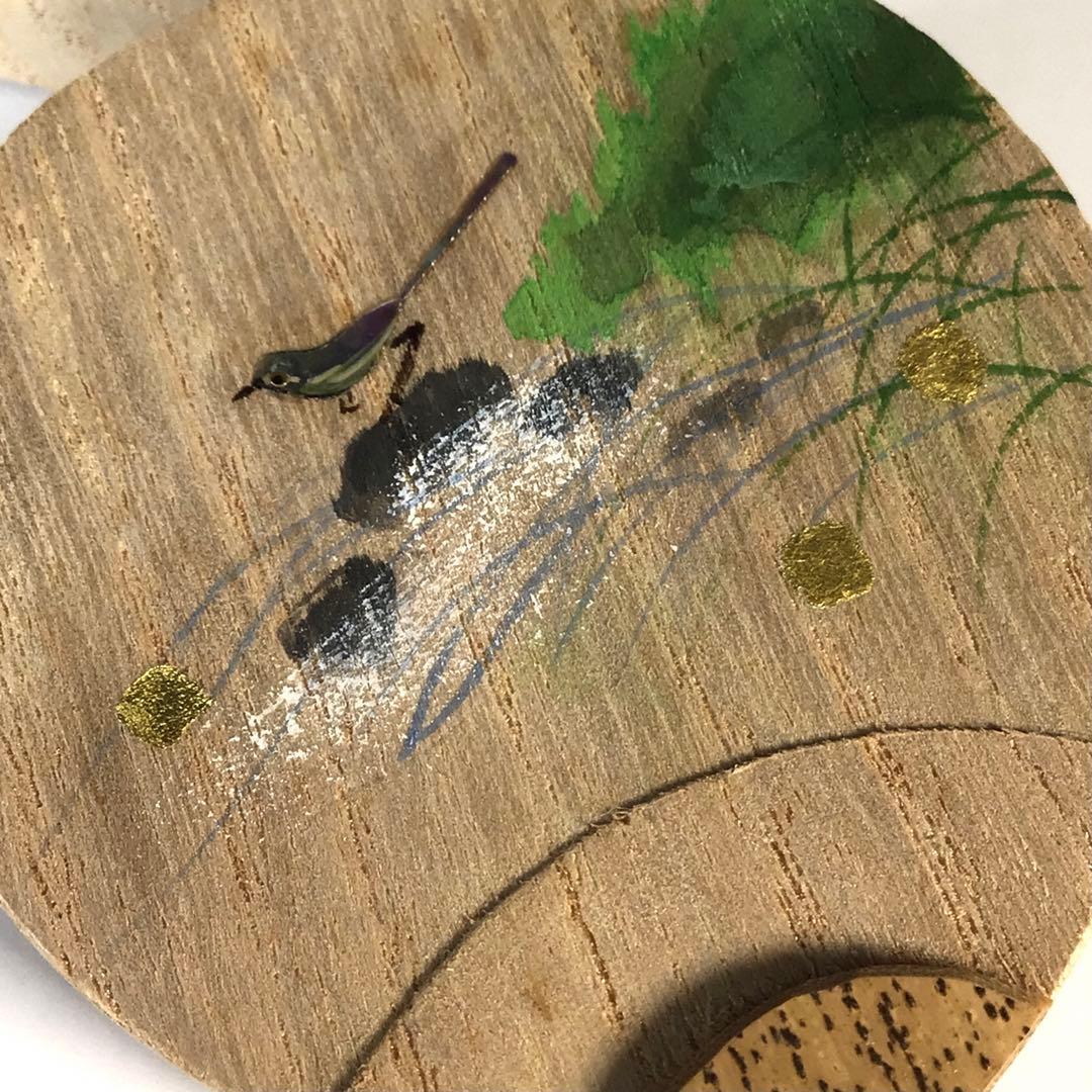 Ｍ３０９　香合　『蓑輪一幸作』『桐製』『鶺鴒蒔絵』『団扇香合』　共箱　茶道具