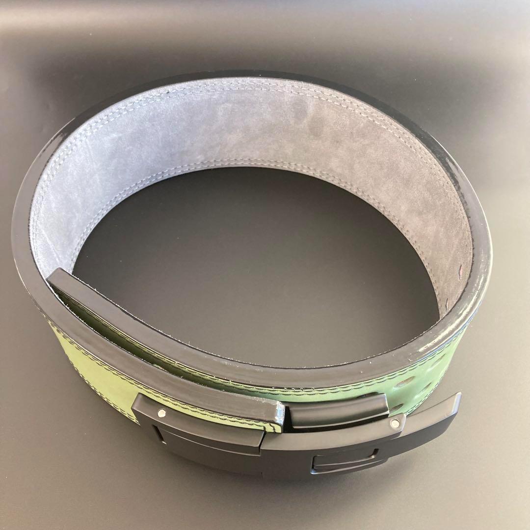 パワーベルト レバーアクション Lサイズ ワンタッチ可変式 本革 緑 黒ステッチ