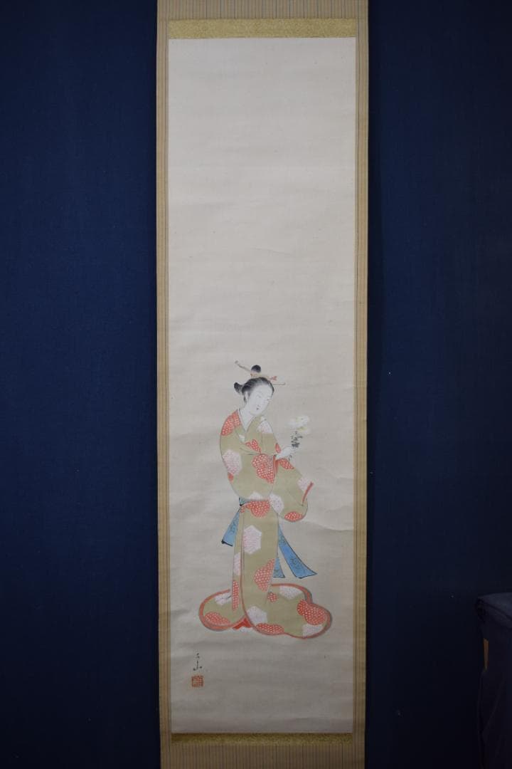 【真作】羽鳥古山/美人図/掛軸☆宝船☆Z-123