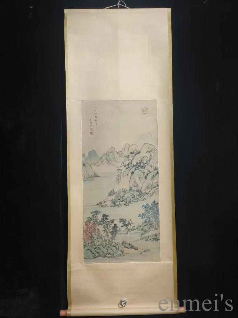 中国古美術【王時敏款 山水図 手描】古書画 正統派 三尺水墨画 掛軸 文房置物