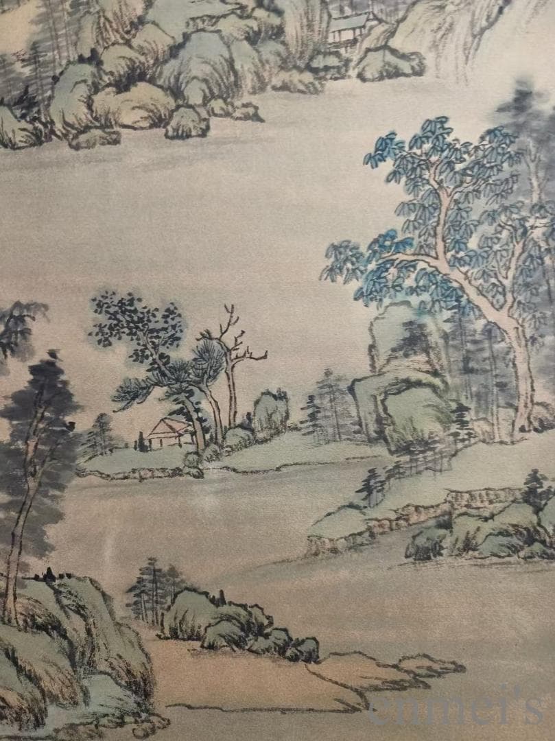 中国古美術【王時敏款 山水図 手描】古書画 正統派 三尺水墨画 掛軸 文房置物