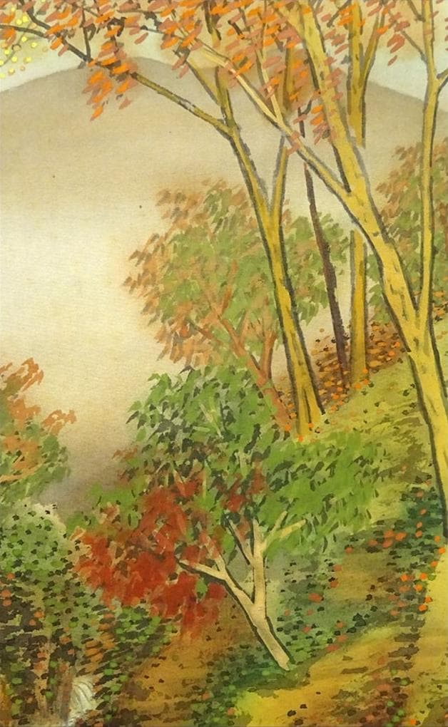 【真作】掛軸 河野華崖『晩秋 秋景山水図』絹本 肉筆 共箱 掛け軸 g01292