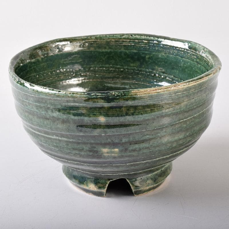 北大路魯山人作　織部焼　於里辺　茶碗　共布共箱　M　R8325