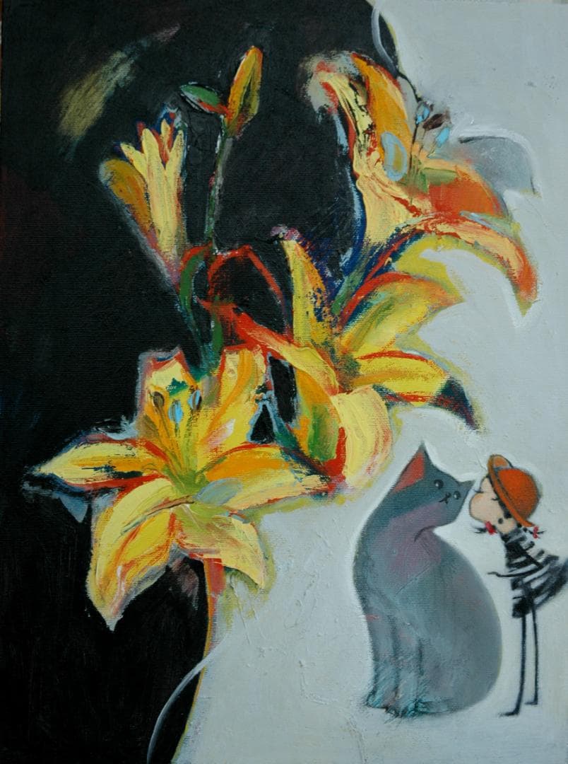 油絵 菅家令子 絵 絵画インテリア額付(黒) uF6-050320 子猫と女の子