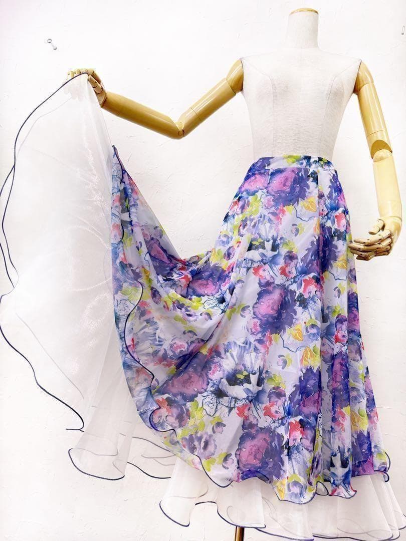 【花柄】新品 社交ダンス用裾オーガンジー 　ロングフレアスカート淡パープルｐ27