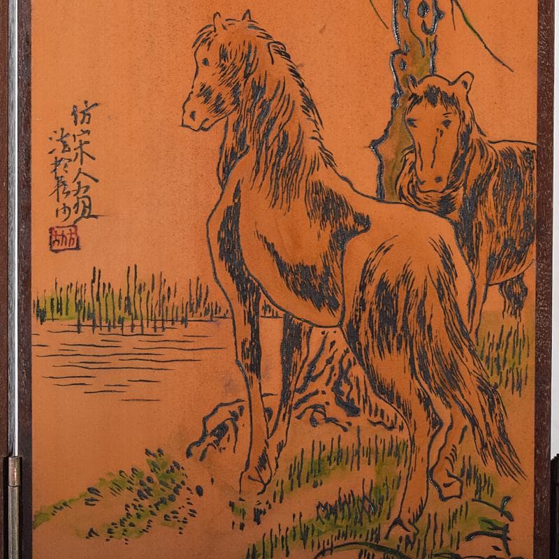 中国　彩色木彫　漢詩鹿虎獅子馬刻　屏風　衝立　D　R8122