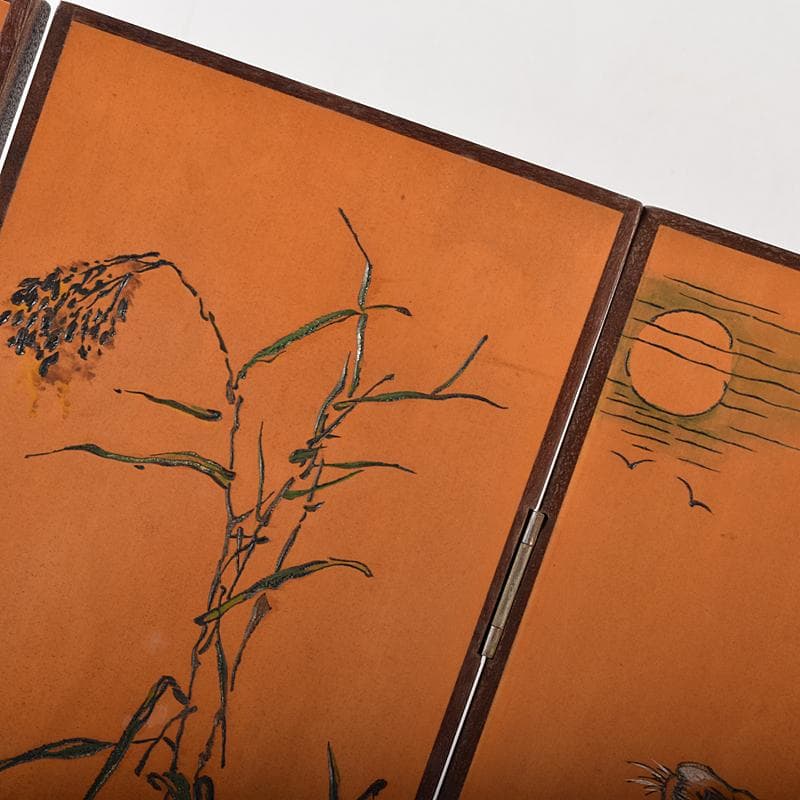 中国　彩色木彫　漢詩鹿虎獅子馬刻　屏風　衝立　D　R8122