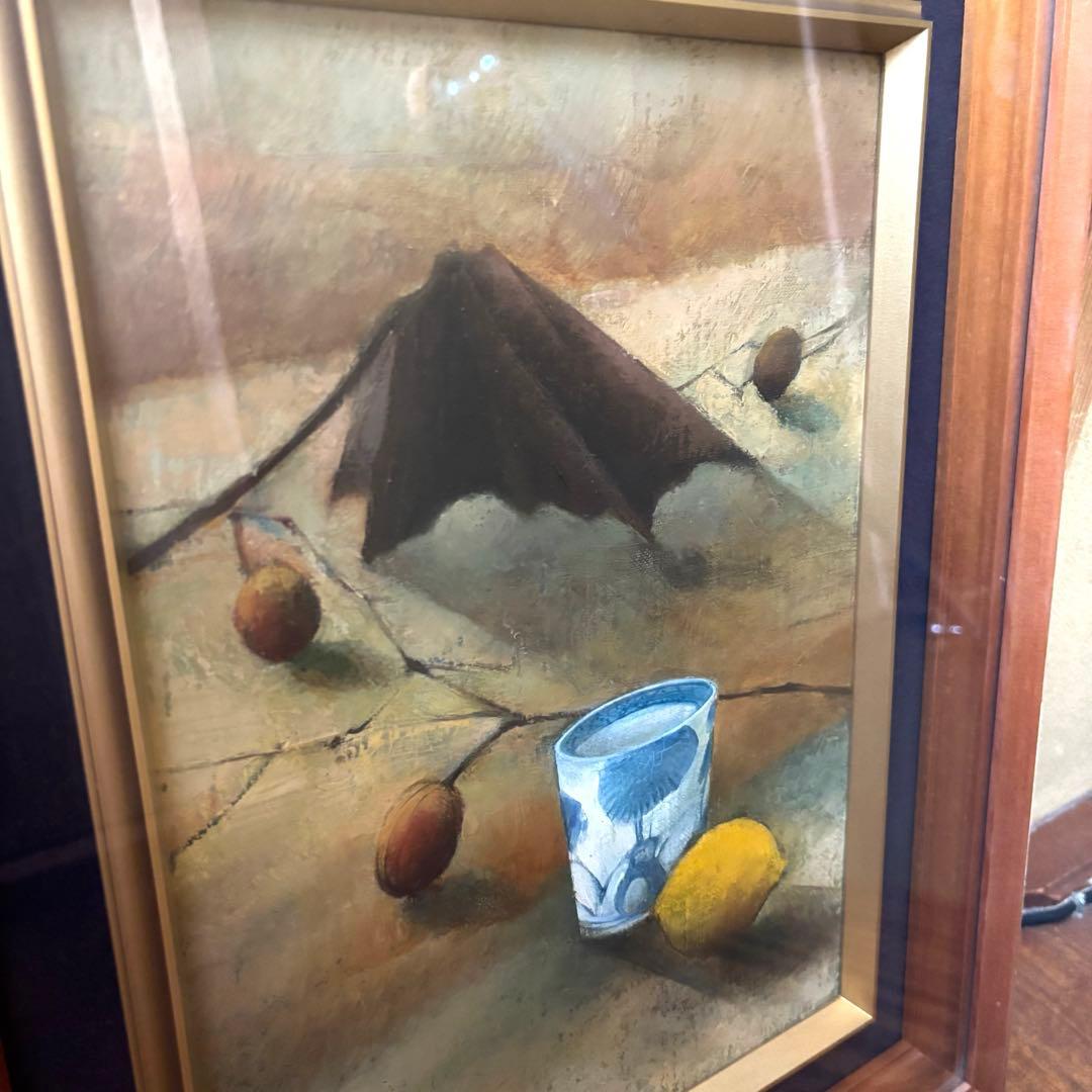 静物画 油彩 レモンとカップ　額縁つき　油絵