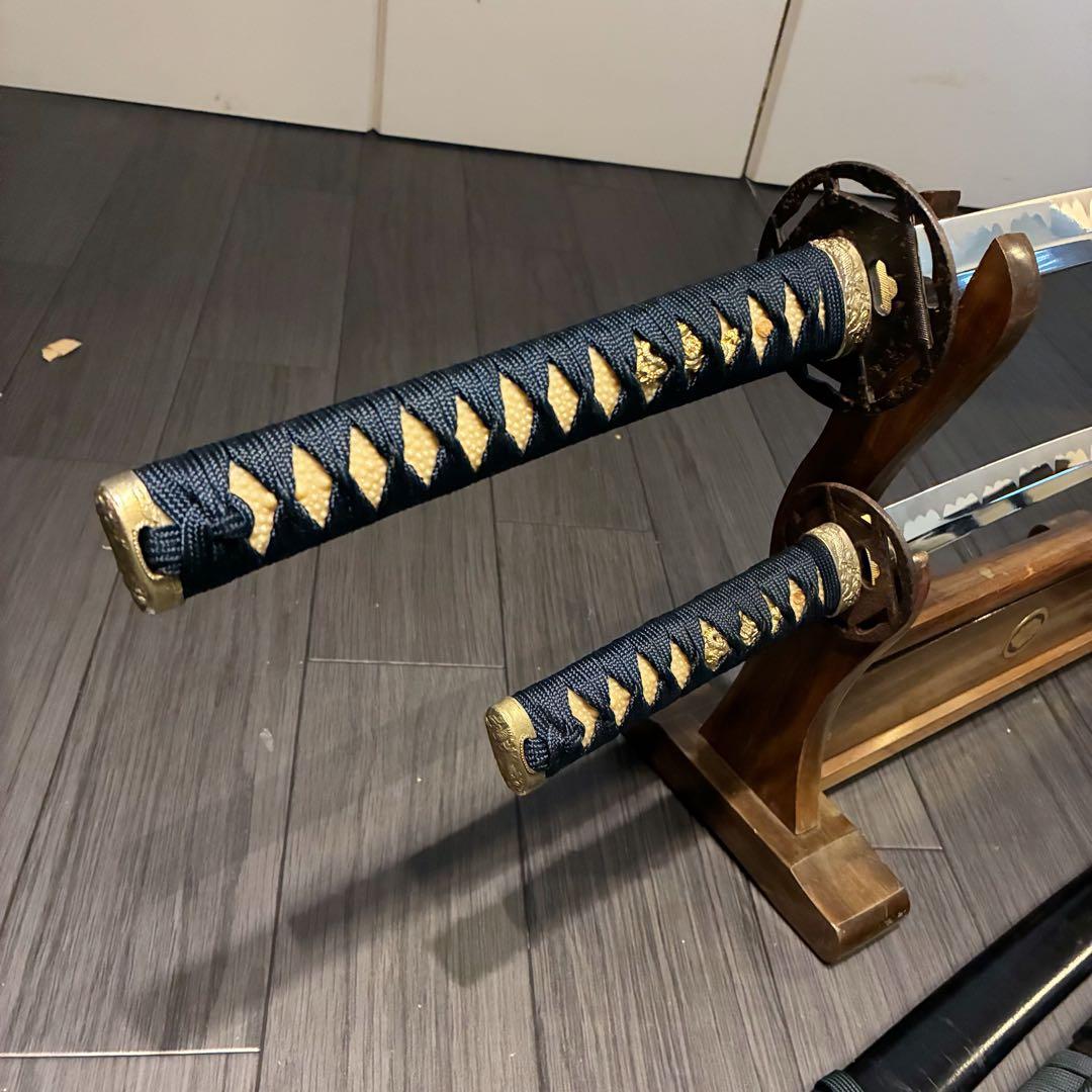 高級模造刀　金鍔　美術刀剣　太刀　脇差　大小セット　緑拵え　2本セット