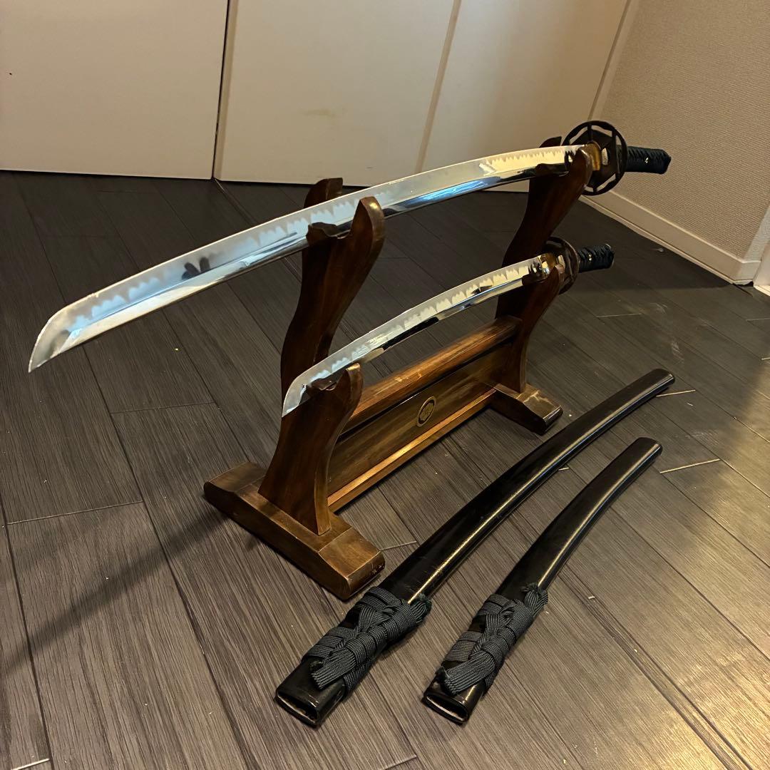 高級模造刀　金鍔　美術刀剣　太刀　脇差　大小セット　緑拵え　2本セット