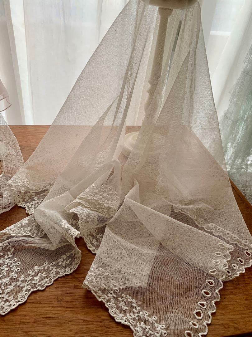 フランスアンティークチュールレースヴェール2点※ エクリュホワイトスカラップ刺繍