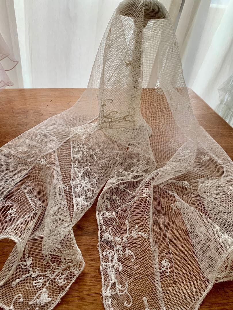 フランスアンティークチュールレースヴェール2点※ エクリュホワイトスカラップ刺繍
