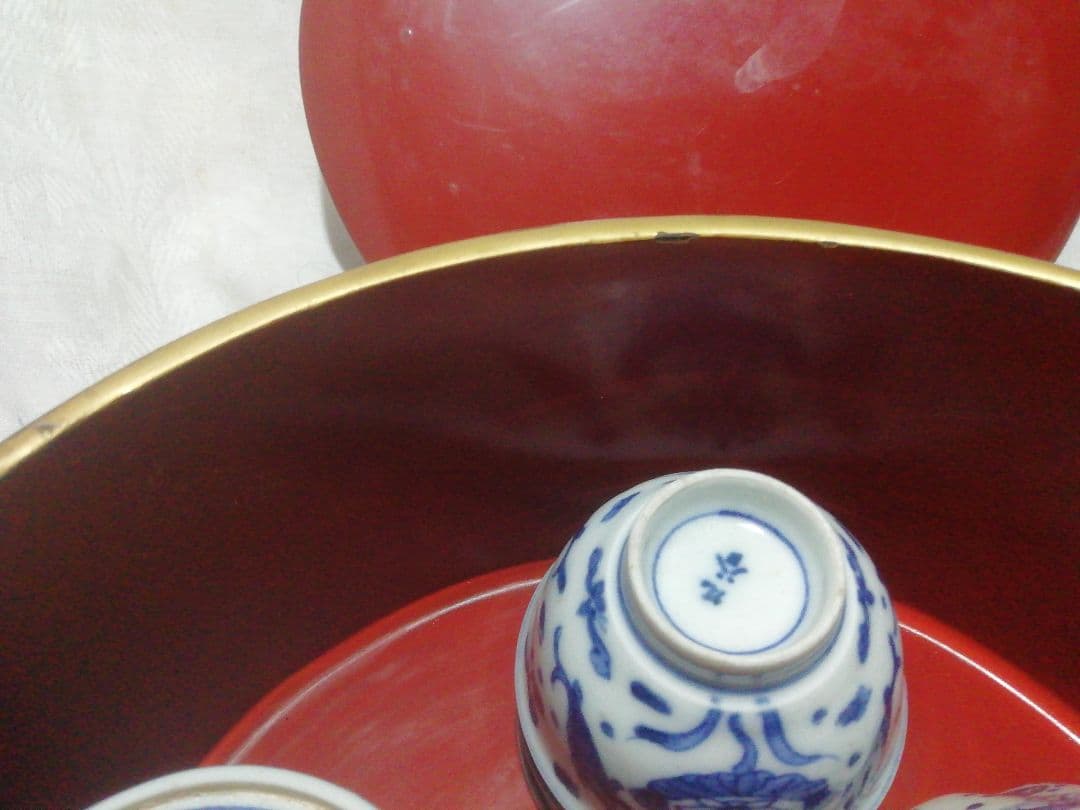 ♪時代九谷染付 煎茶揃い　朱漆茶櫃共