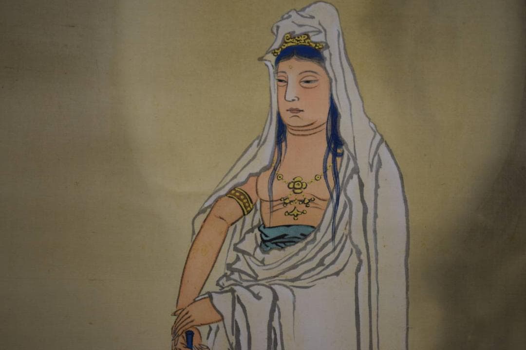 真作/雲案/岩上観音図/布袋屋掛軸HJ-337