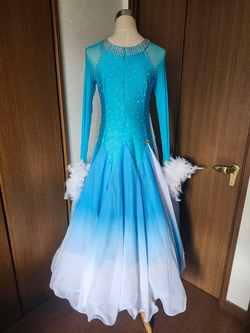 社交ダンス ドレス パーティー 水色 グラデーション スタンダード モダン XL