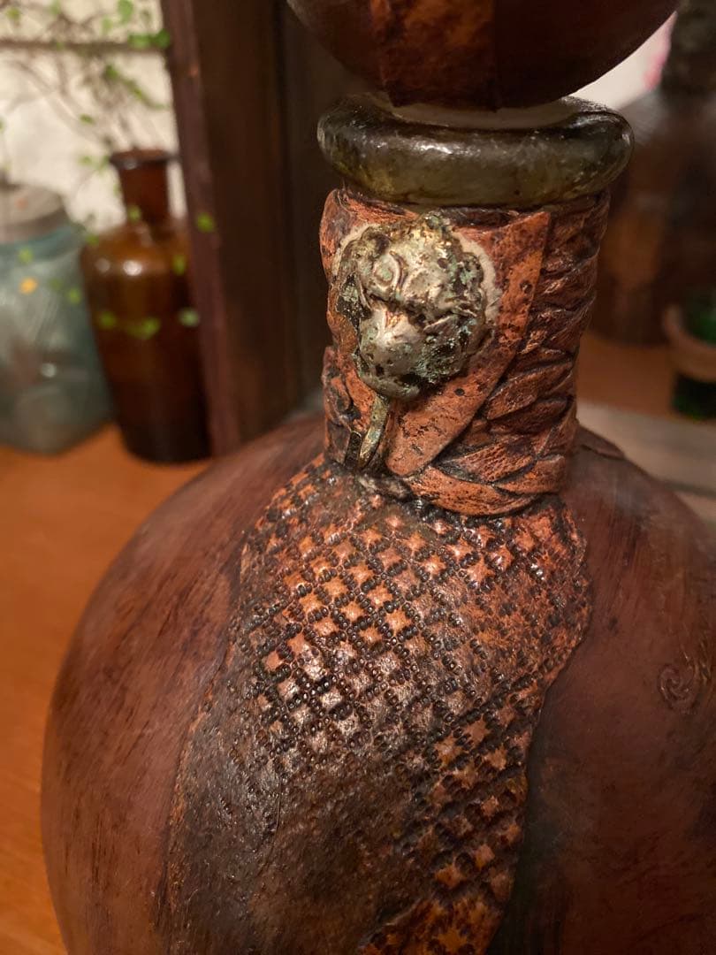 革張り　Italy 瓶　ビン　グラス付き アンティーク　イタリア製　空瓶　骨董