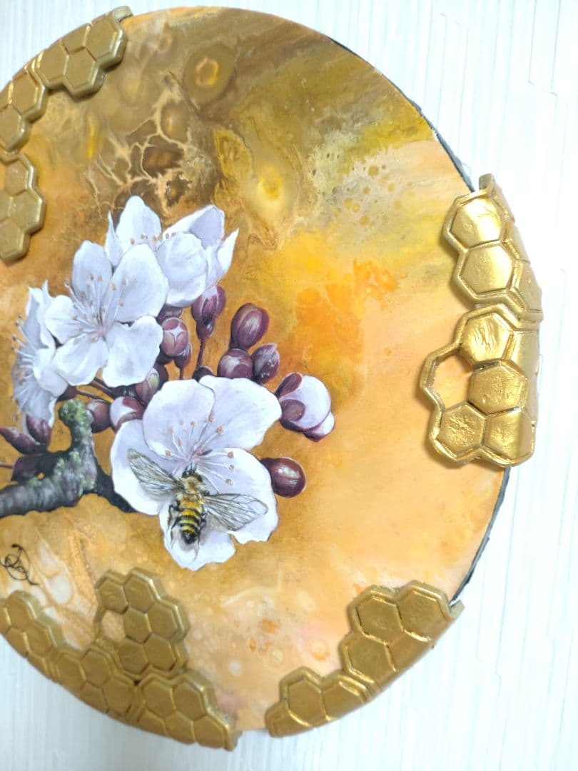 花と蜂の油絵【蜂と杏子】1点物の原画/作者サイン入り/真作/油彩画/希少品