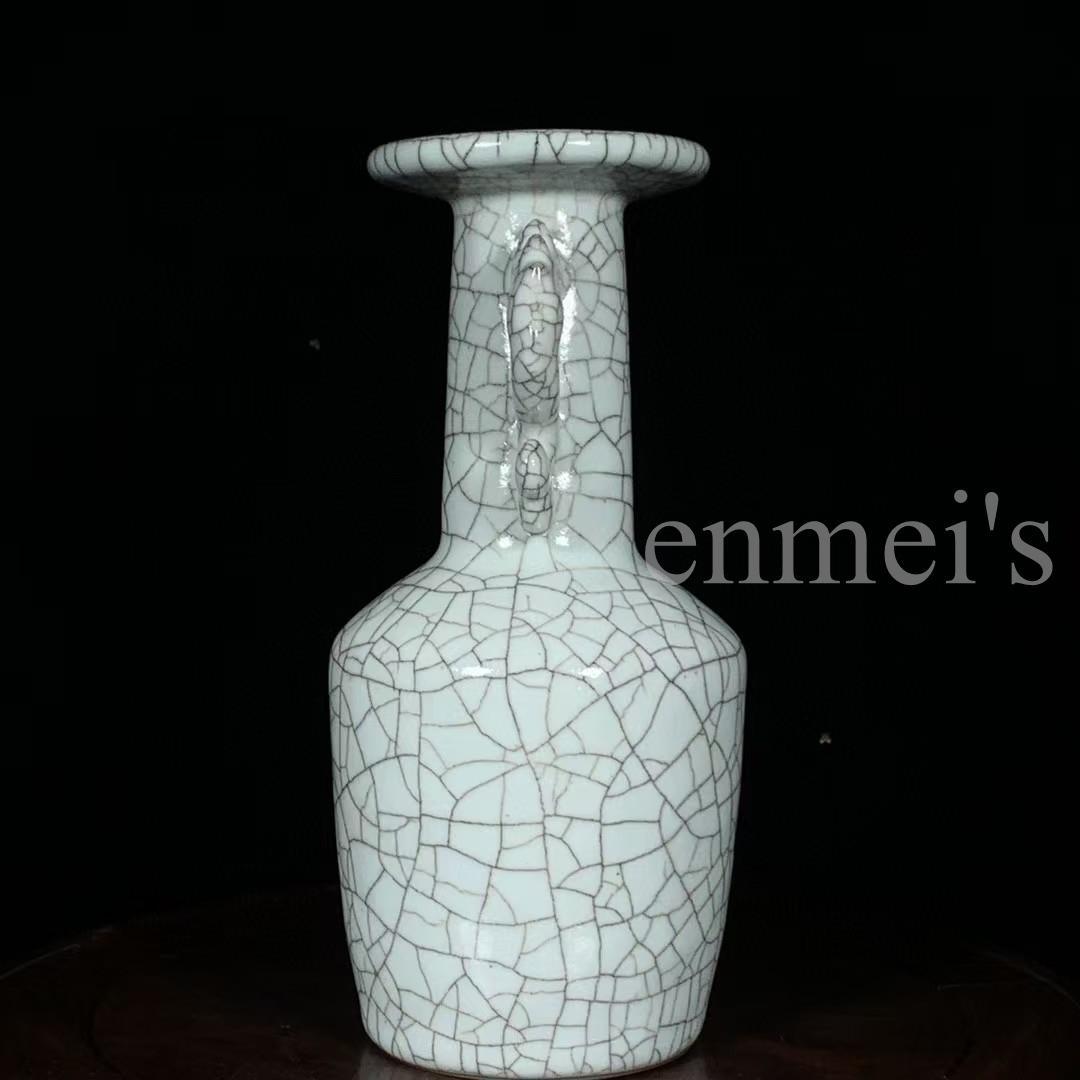 中国古美術・旧蔵品 宋代 官窑 双凤耳瓶・冰裂纹・青灰釉・花瓶・置物・茶道・文房