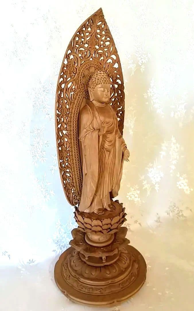 阿弥陀如来立像 4.5寸#570+#576 像は◆白檀 木彫 仏像