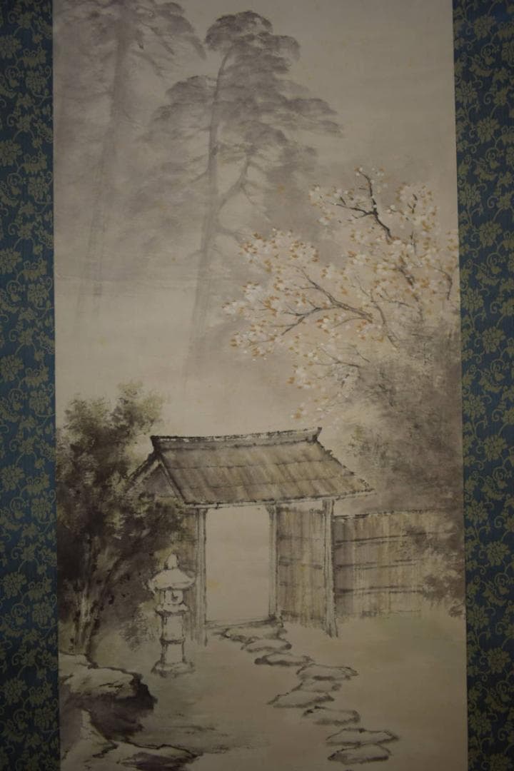 真作/佐藤古岫/山居春色図/桜花門前山水図/桐共箱付/布袋屋掛軸HI-609