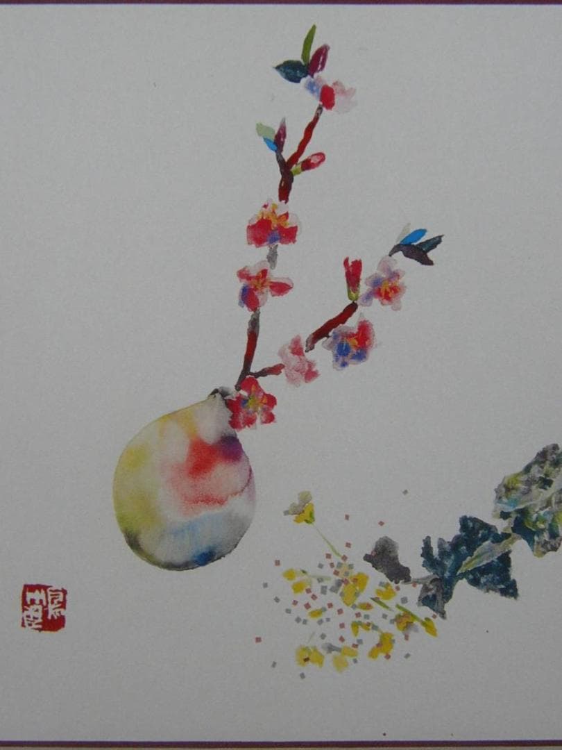 片岡鶴太郎、【桃の花、菜の花】、希少画集画、新品高級額・額装付