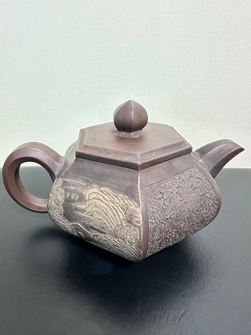 中国，紫砂壺，清時代，邵友庭作，晚清紫砂八大家”之一，六角形，急須 ，浮彫，细工