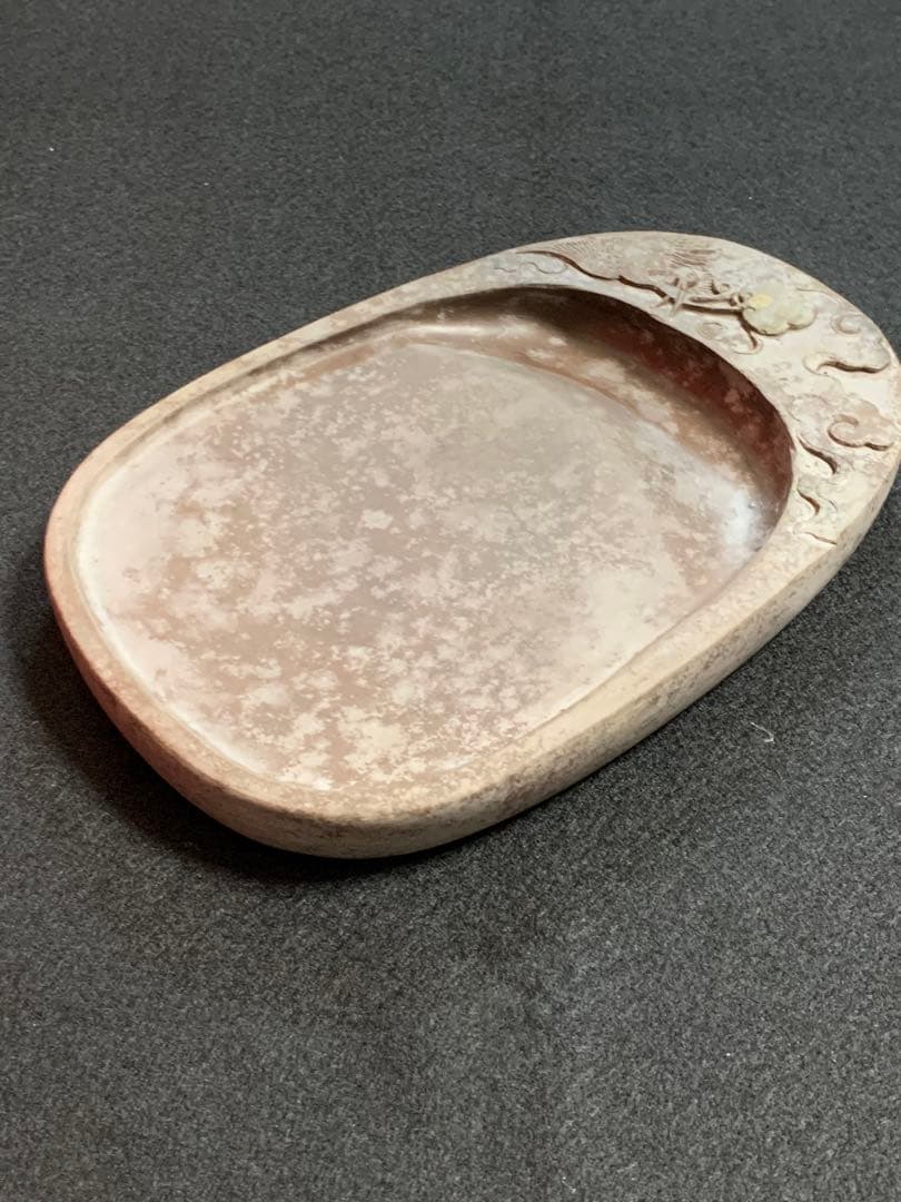 端渓硯　中国硯　木箱入り　梅鳥彫刻　石目 硯石 石筋