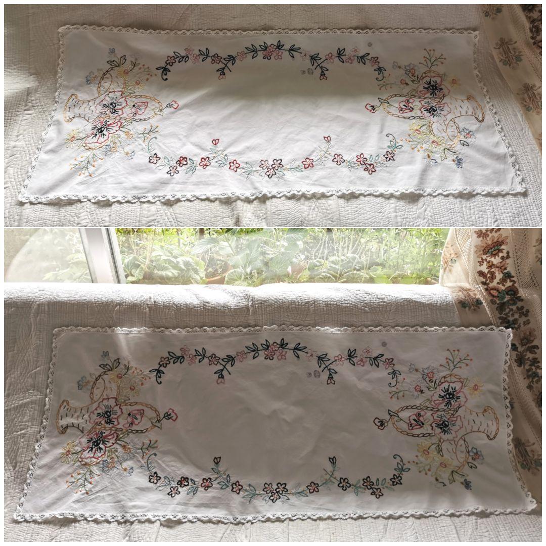 アンティークフランス 野の花の花籠 色糸刺繍 リネンクロス ロングランナー