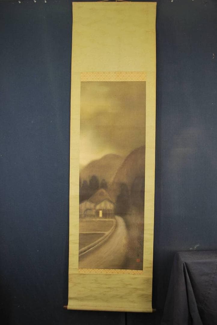 【真作】春山/山村の朝/掛軸☆宝船☆M-671　J