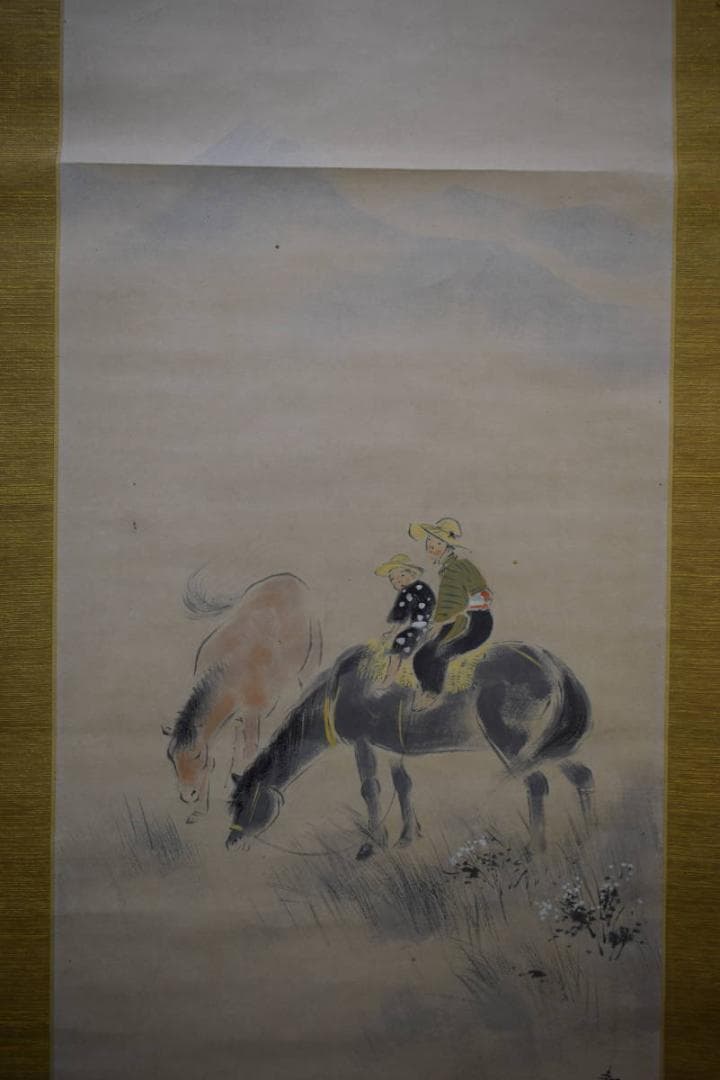 真作/（画）中村静思/（賛）中村不折/人物馬乗画賛/布袋屋掛軸HI-4