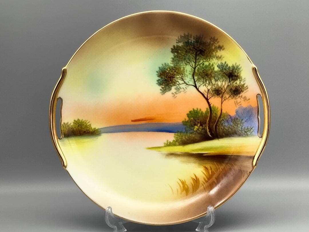 オールドノリタケ　ツリー イン ザ メドウ　金縁　ダブルハンドルケーキプレート