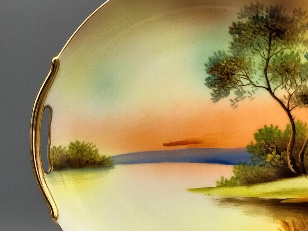 オールドノリタケ　ツリー イン ザ メドウ　金縁　ダブルハンドルケーキプレート