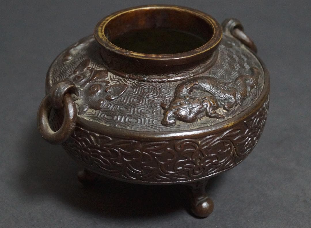 明治期 銅製 金工細工『遊龍唐草七宝繋文』香炉 獣双耳遊環付 茶道具/ 香道具