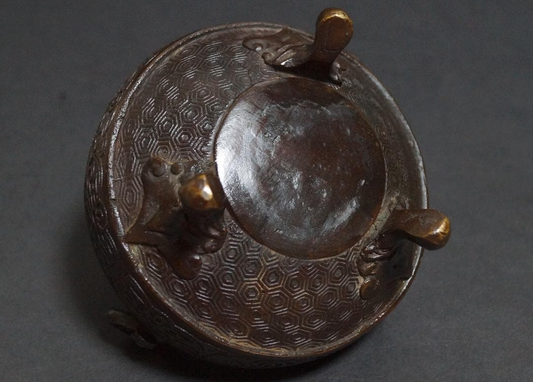 明治期 銅製 金工細工『遊龍唐草七宝繋文』香炉 獣双耳遊環付 茶道具/ 香道具