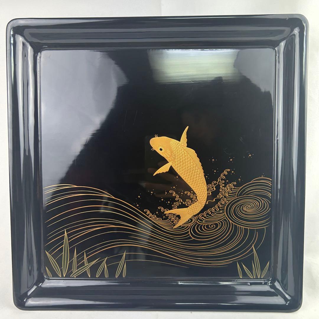 輪島塗 脚付き御膳 10枚揃 鯉蒔絵 黒塗 木箱付　古漆器