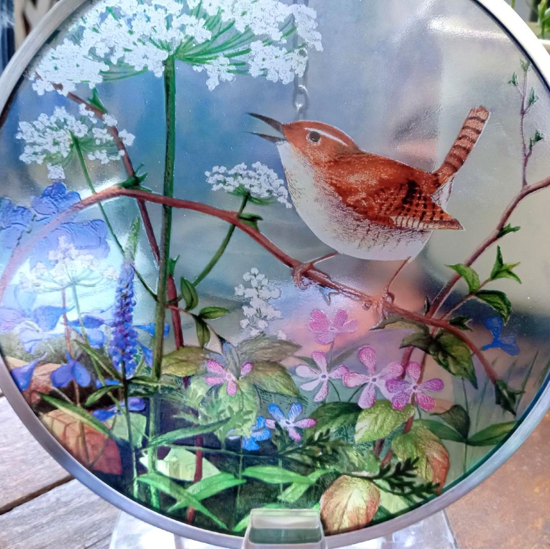 新品 花鳥・アメリカムシクイ スミレ サクラソウ カナダ・ステンドグラス社