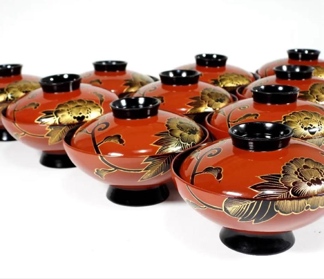 輪島塗　懐石椀汁椀　蒔絵椀　上質朱漆　牡丹沈金 蓋碗十客 共箱