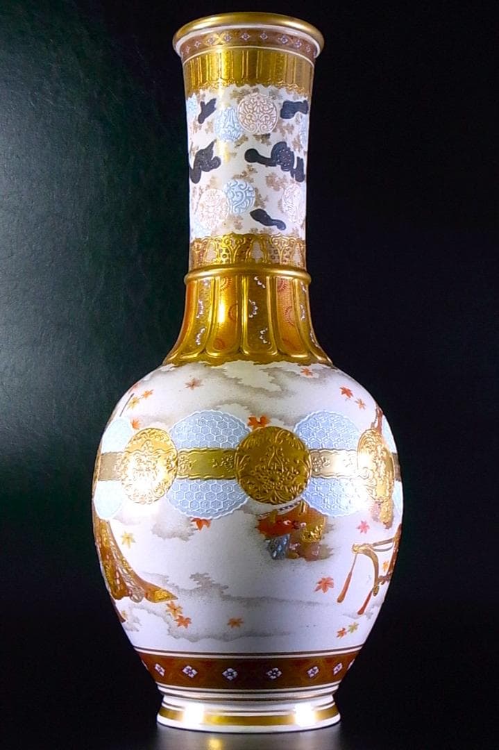 【 E842 】 明治期本筋薩摩焼　超細密盛上金彩絵付御所車文大型花瓶　鑑定書付