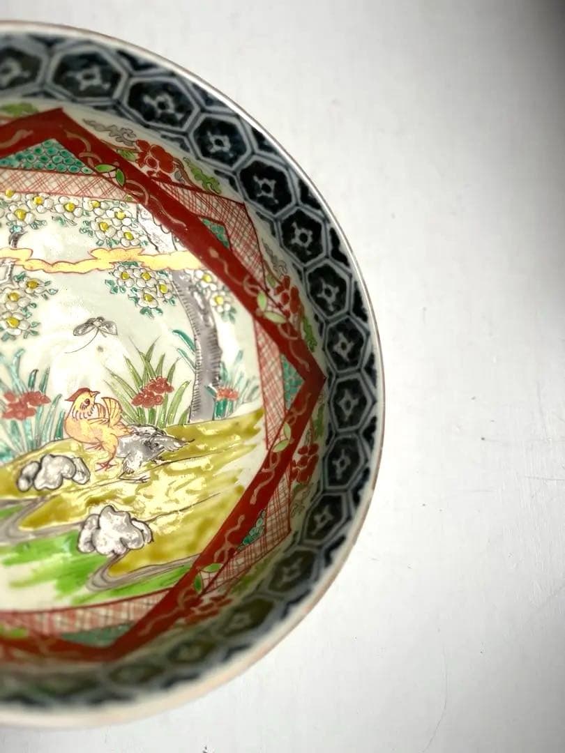 518 骨董 アンティーク 古伊万里 染付 豪華 色絵金彩花鳥図7寸鉢 幕末