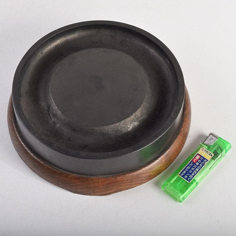 中国　書道具　端渓硯　円式硯　豊保刻　漢詩文　木蓋付　F　R9350