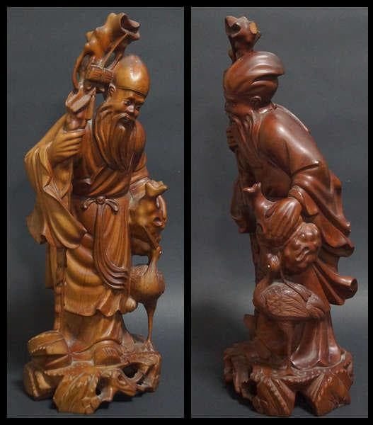 オールド柘植 つげ 黄楊木 細工彫り『寿老人鶴立像』置物 オブジェ高36.5cm
