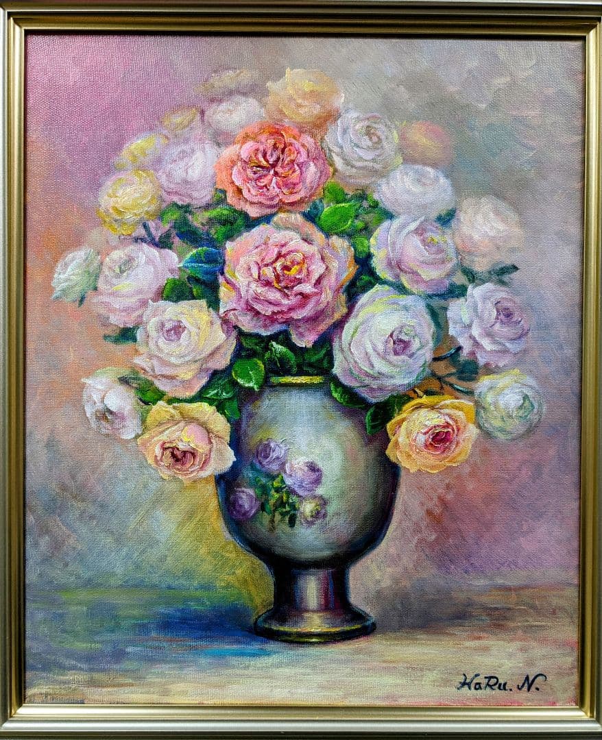 画家haru☆油彩画F8号☆薔薇☆真作、原画☆