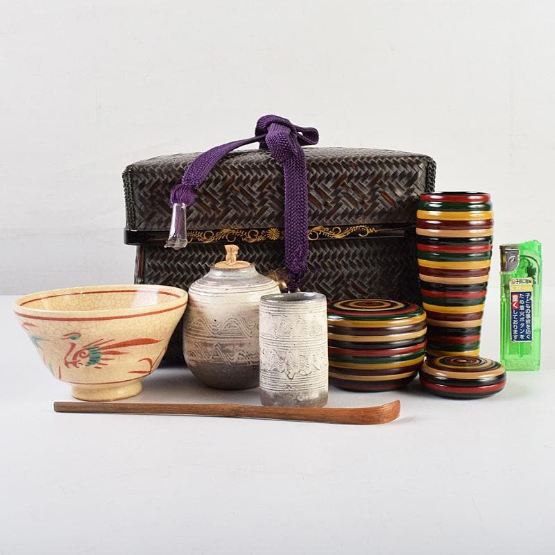 茶道具　平安　籃峰斎作　茶籠　茶碗　独楽棗など　七点一式　仕覆付　Y　R9517