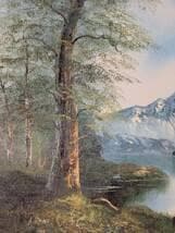 【真作】絵画　油彩10号　湖畔と雪山　静謐な自然美あふれる風景画　Y51