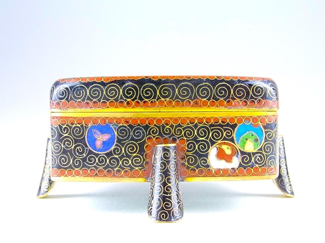 【 E456 】 美しき超名品　明治期尾張七宝上手作　黄銅線鳳凰文脚付き小物入れ