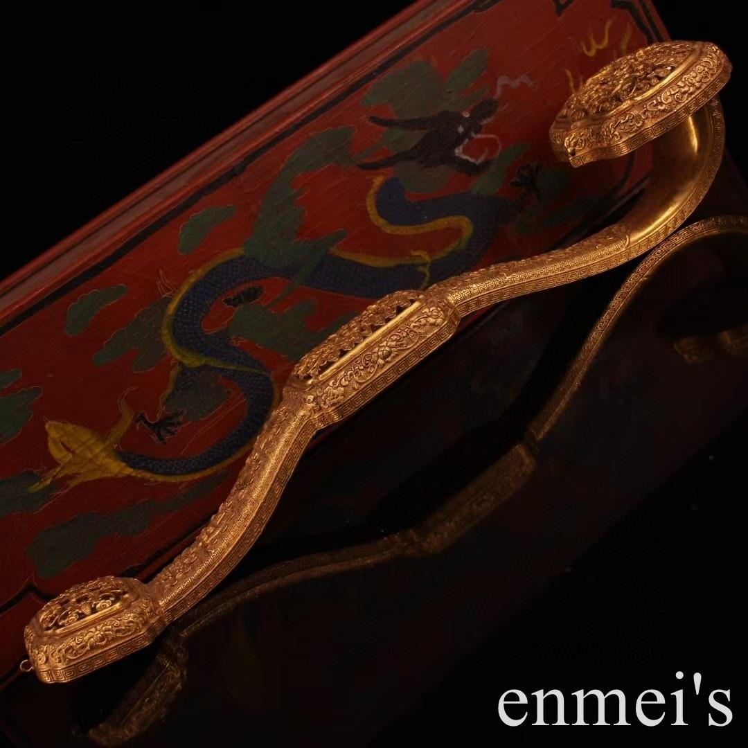 中国古美術・旧蔵透彫鎏金如意置物・純銅製・鏨刻鎏金・純手作り・箱付き・文房具