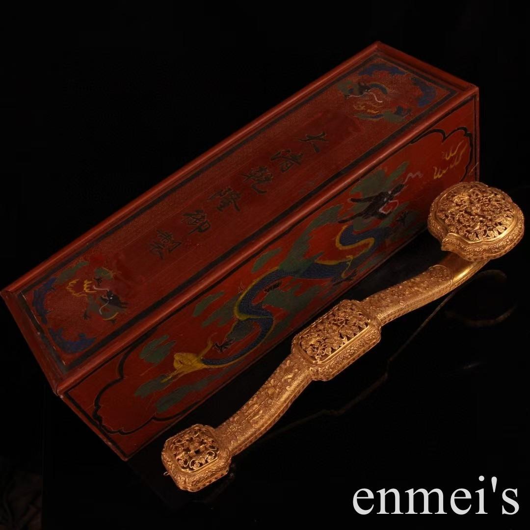 中国古美術・旧蔵透彫鎏金如意置物・純銅製・鏨刻鎏金・純手作り・箱付き・文房具