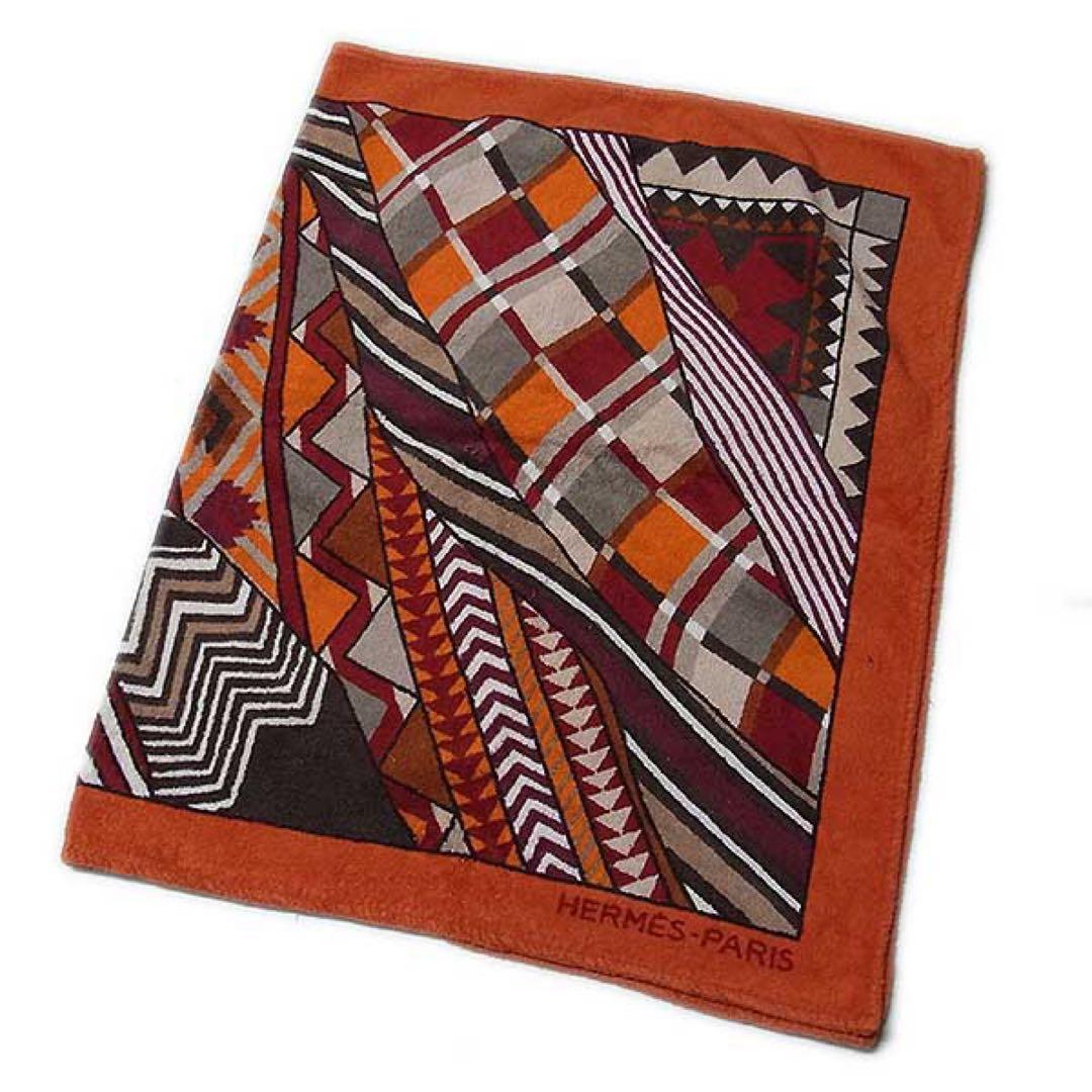 【HERMES】幾何学模様 ビーチタオル タオルケット 大判 オレンジ
